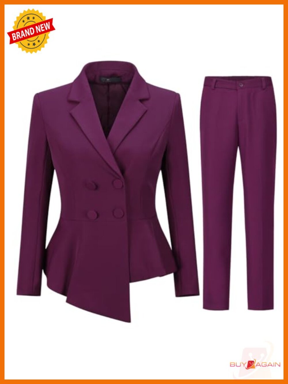 Double Breasted Blazer and Pantsuit Set with Peplum Hem, Notched Lapel
